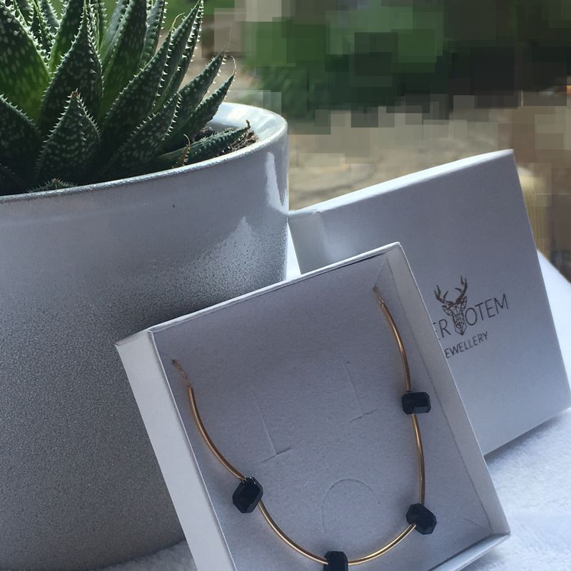 14k gold filled tube chain necklace with black swarovski pendulum beads