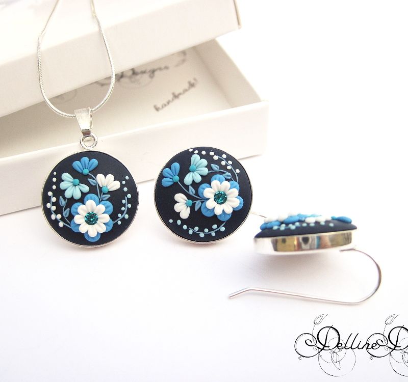 Midnight * Unique Polymer Clay Set * Sterling Silver Earrings and Pendant * Floral Filigree Set * Spring Jewelry * Applique * Floral