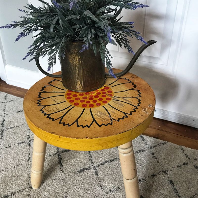 Vintage round stool | wood stool | vintage flower stool | primitive stool | Flower ottoman | sunflower bench | vintage yellow stool