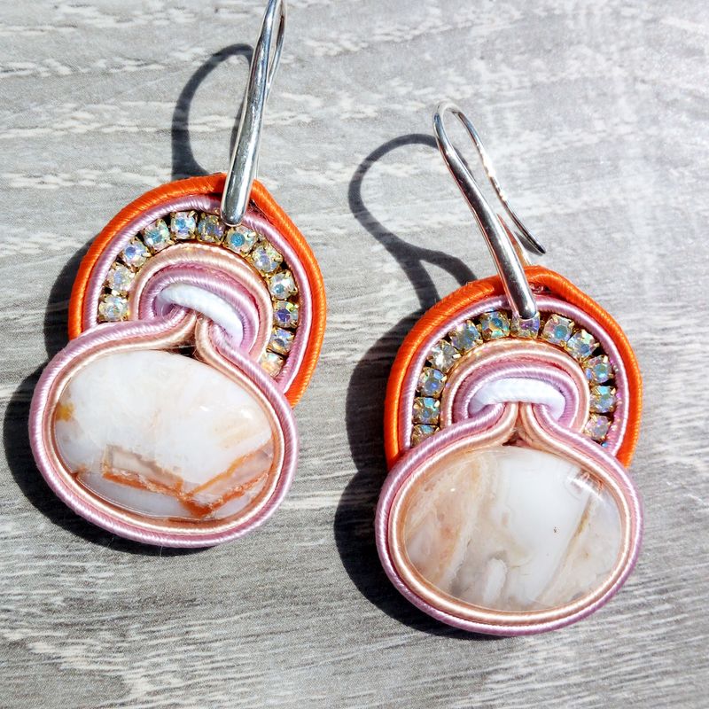 Luminous earrings, Orange earrings, Jewelery with stones, Everyday earrings, Bohemian stones, Soutache earrings, Women's gift