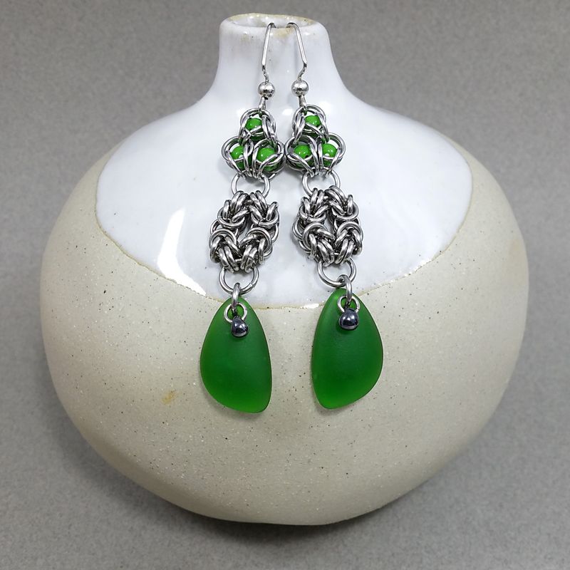 Chainmail Green Sea Glass & Captive Czech beads Earrings