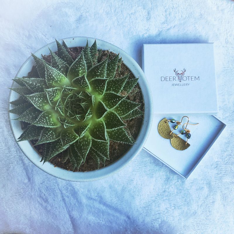 Half moon hammered brass earrings with rainbow beads