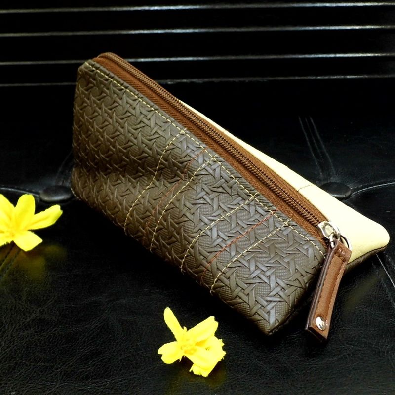 Brown Vegan Leather Makeup Bag, Vegan Pouch, Small Triangle Cosmetic Pouch, Mini Toiletry Travel Bag, Sunglasses Case