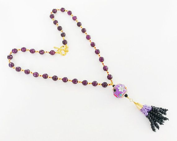 Handknotted purple jade necklace Swarovski crystals Kundan tassel pendant Chunky beads party necklace ethnic gift for her