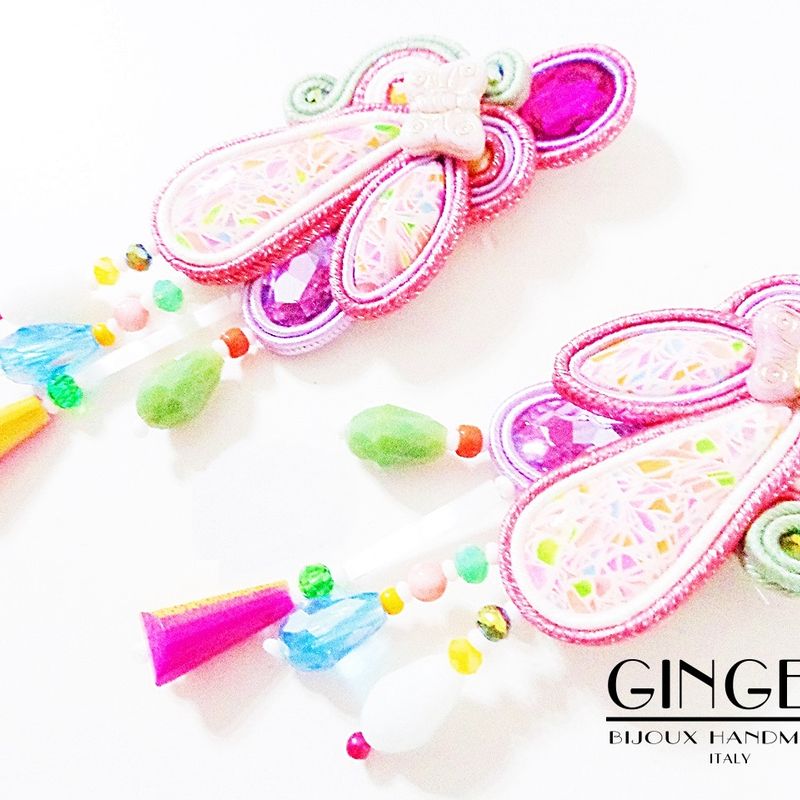 Hippie Colorful earrings, beaded frindge earrings, pink soutache earrings, boho pink earrings, free ship, textile earrings, kawaii earrings