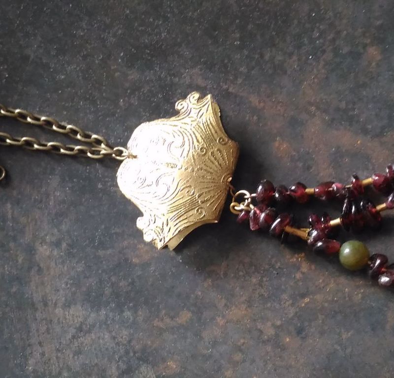 Brass engraved and antiquated long tassel necklace with garnet and green moss agate,gemstone necklace,metal jewelry