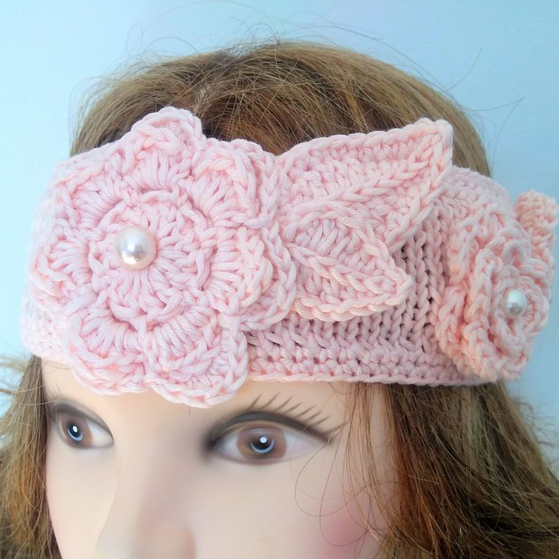 Beautiful Headband in Peach with Flowers and Glass Pearls