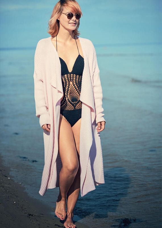 Open front knit maxi cardigan in tender pink in boho style