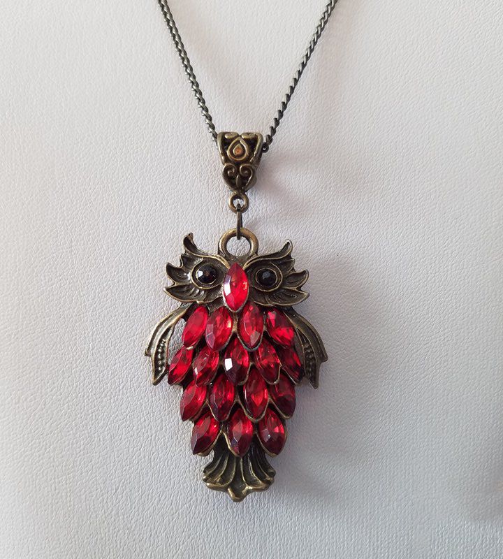 Bronze Owl Necklace/Steampunk Bronze Owl Necklace/Owl Necklace/Druid Necklace/Nature Owl Necklace/Boho Owl Necklace/Ruby Owl Necklace