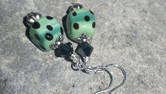Mint Green and Blue Ripple Ceramic Earrings, Lampwork Earrings Spotted, Dangle Earrings, Swarovsky Crystal, Sterling Silver Earrings