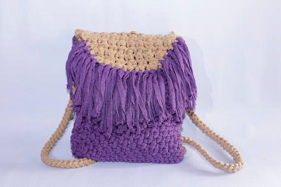 Backpack Crochet Bag Free Shipping!!! /Handmade Backpack/ Boho Style/Deep Purple Sandy Beige