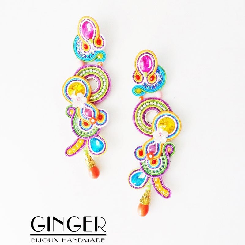 Statement big earrings, Brazil earrings, Soutache Earrings, exotic earrings, colorful earrings, Frida Kahlo inspired, textile earrings