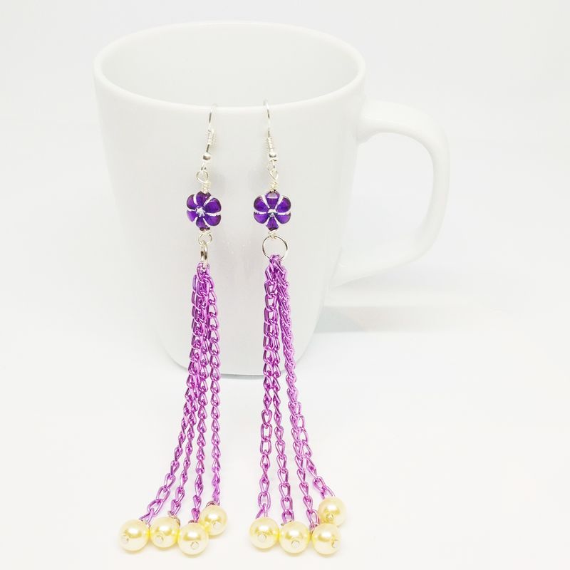 Chain Earrings Purple tassel hook earrings freshwater pearl chain tassel drop earring