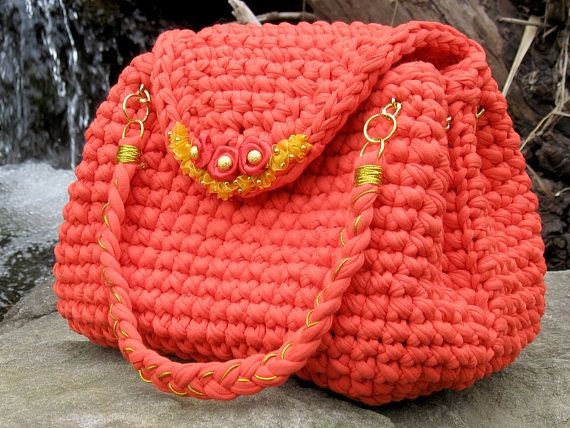 Red crochet handbag