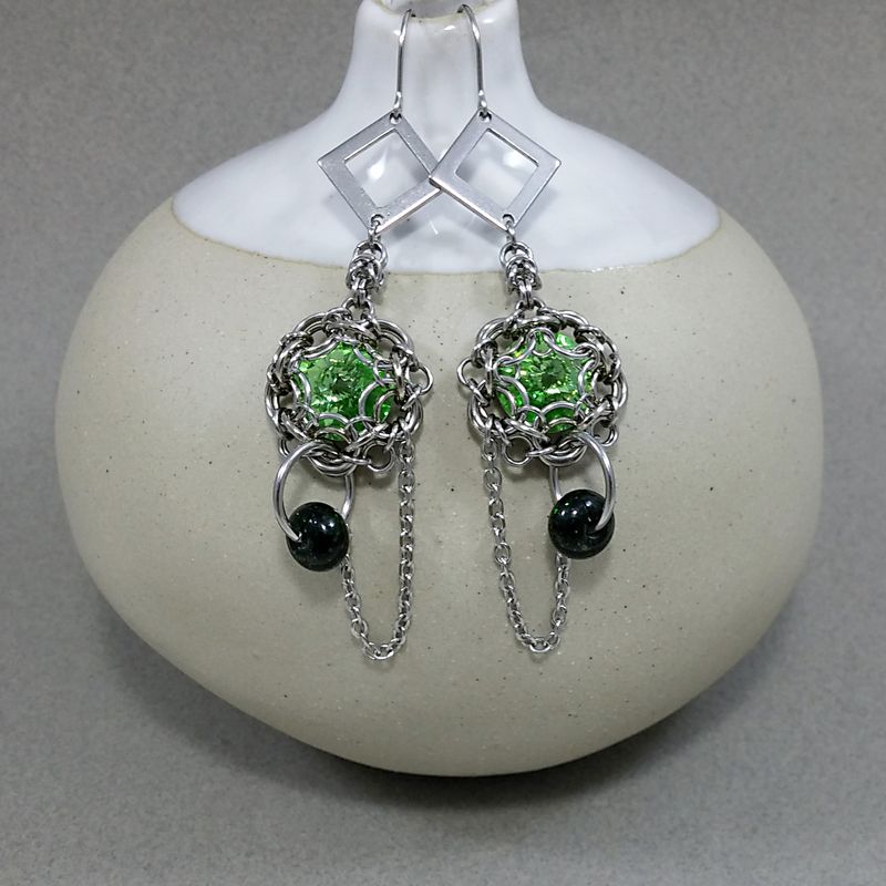 Swarovski Crystal Crisolite & Lampwork in Stainless Steel Chain Mail Earrings