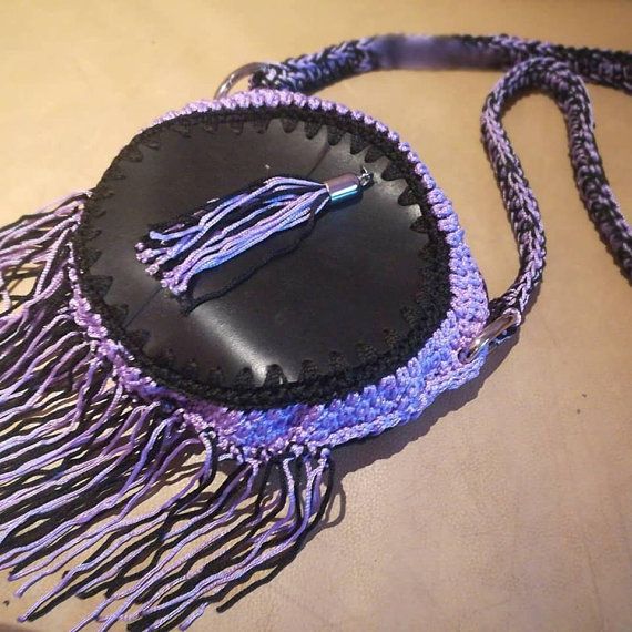 Tamburine Bag/Innertube Bag/ Tamburello Borsa/ Crochet Bag/Makrame Yarn/ Free Shipping!!! /Handmade/ Purple and Black Color/Drum Bag/Tassels