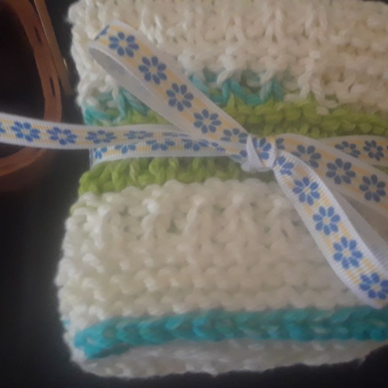Blue, Bright Green and White Knit Cotton Dishcloths/Facecloths