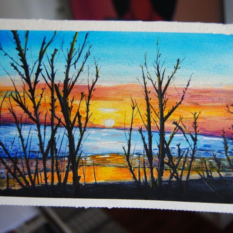 Original Sunset Beach Landscape Watercolor Illustration. Summer. Home Decor. Wall Art. Painting. Orange. Blue