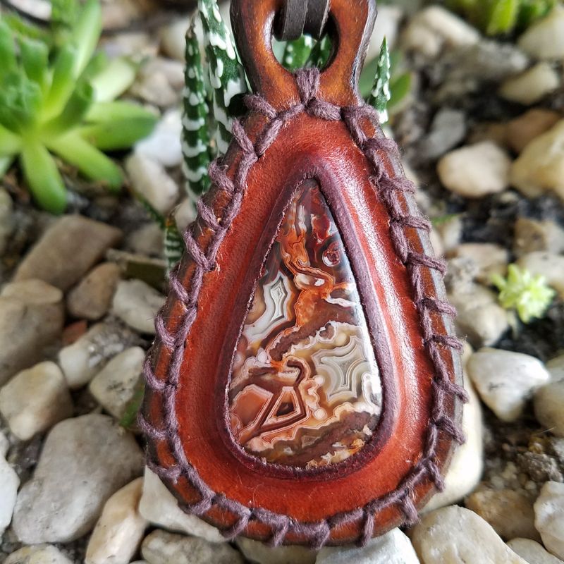 Handcrafted Leather Necklace with Laguna Lace Cabochon (Orange)