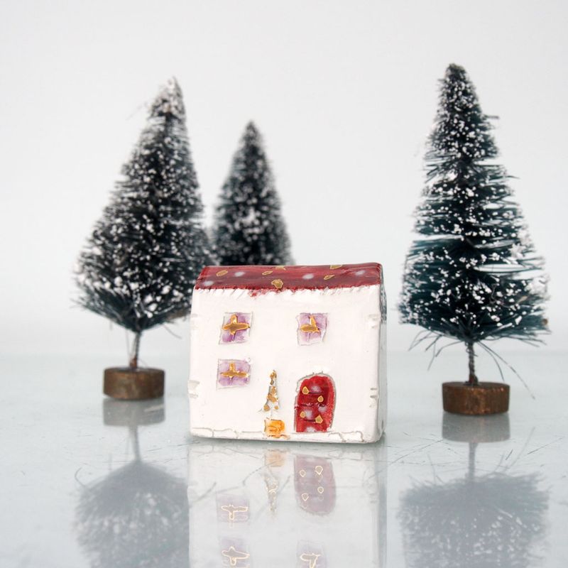 Little clay house with golden details, Christmas home decor, Handmade Red Ceramic House