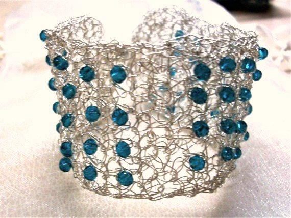 Silver wire crochet bracelet with blue beads
