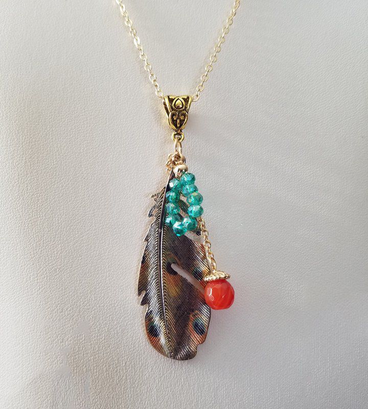 Native American Jewelry/Native American Feather Necklace/Gold Feather Necklace/Tribal Feather Necklace/Bohemian Feather Necklace