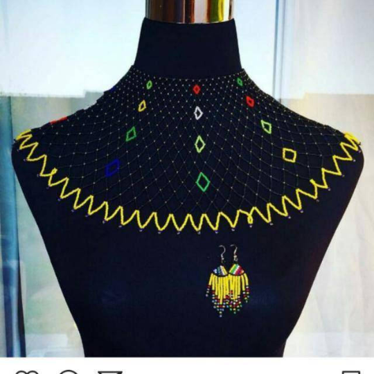 Zulu African beaded choker necklace with earrings