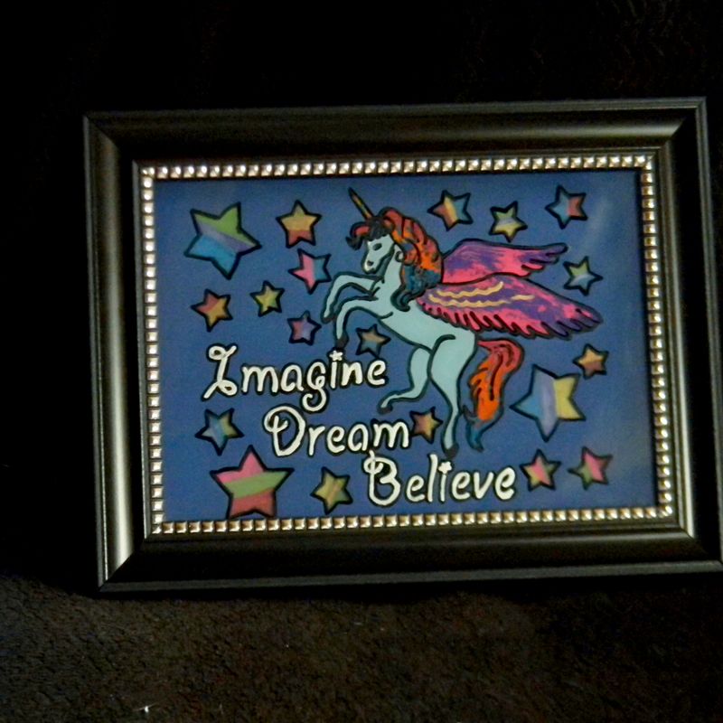 8x10 Etched and Painted Imagine Dream Believe Unicorn Glass Panel