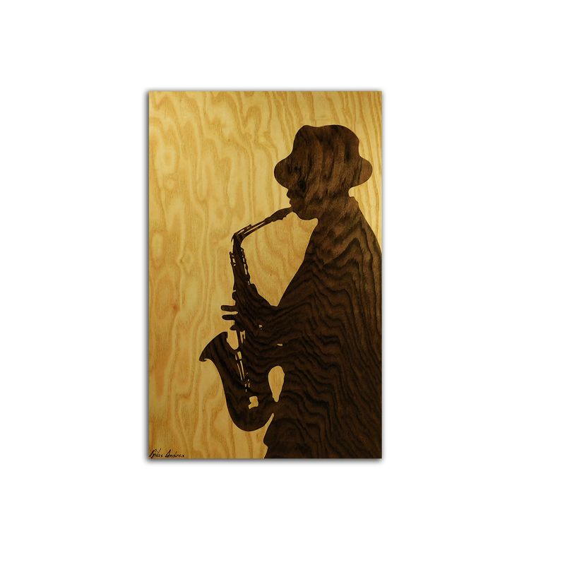 ORIGINAL Wooden blues jazz music black & white chill art marquetry portrait intarsia by Andulino