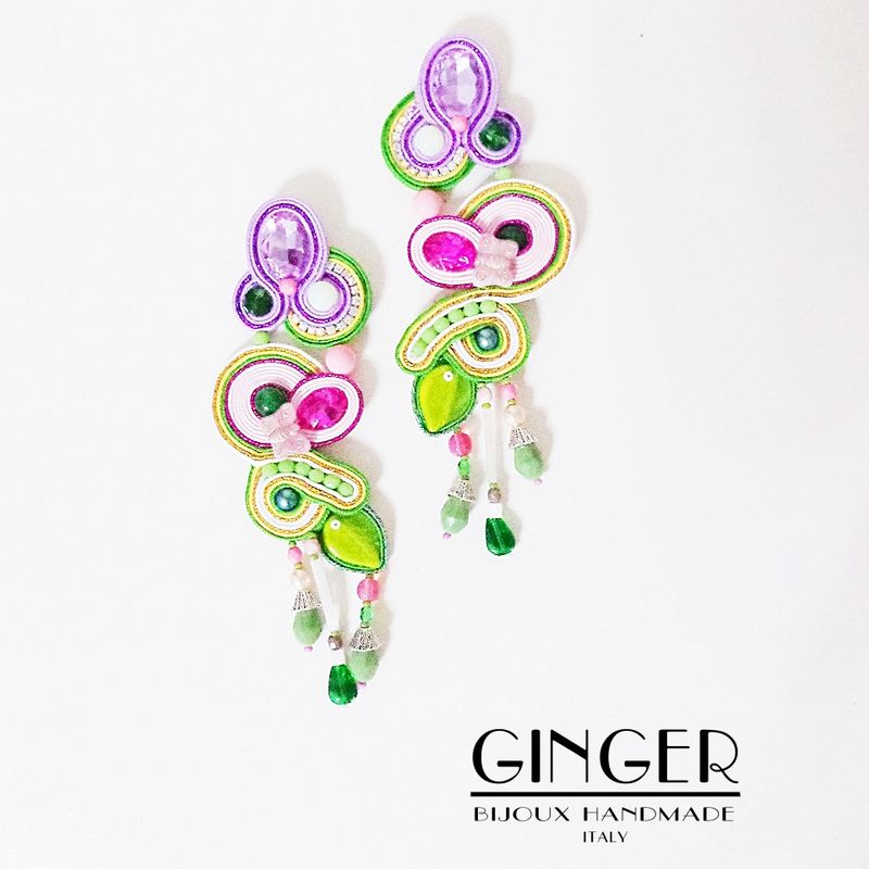 Leaves earrings, pink earrings, Statement earrings, soutache earrings, long earrings, gift for girlfriend, kawaii fairy kei jewellery