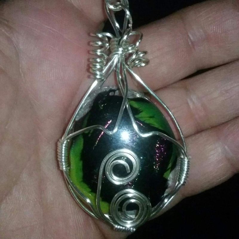 Dichroic And Silver Wire Wrap Pendant