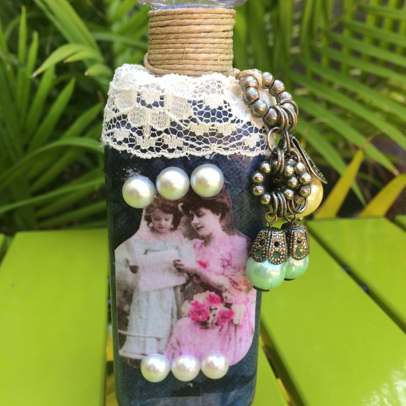 Gift for mom, Decoupaged vintage bottle