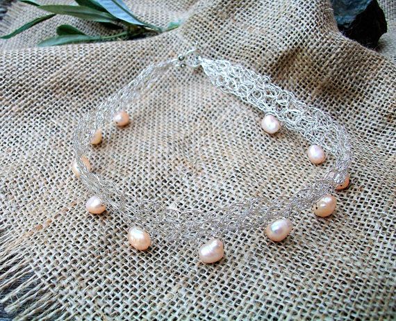 silver wire crochet pearl choker