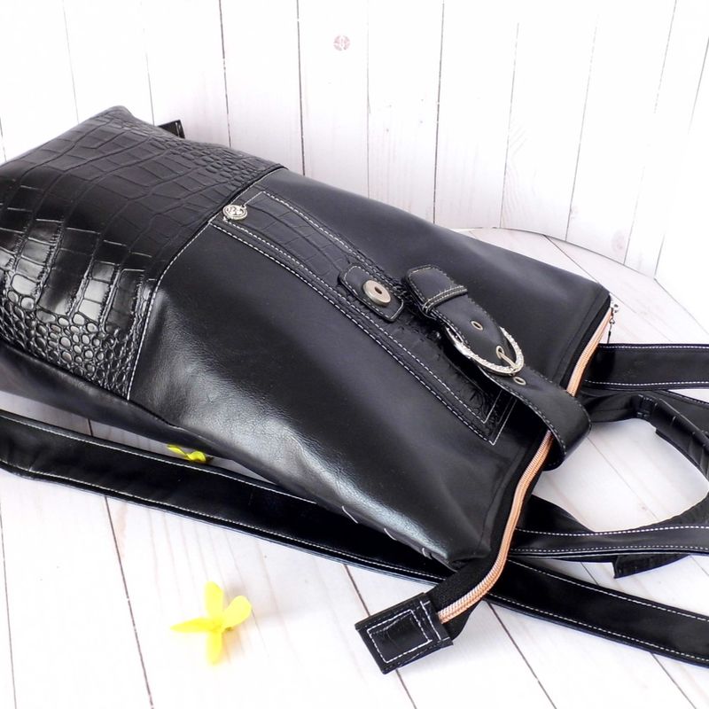 Faux Leather Backpack, Womens Black Backpack, Vegan Leather Bag, Large Shoulder Bag, Bespoke Bag, Upcycled Backpack, Eco friendly Backpack