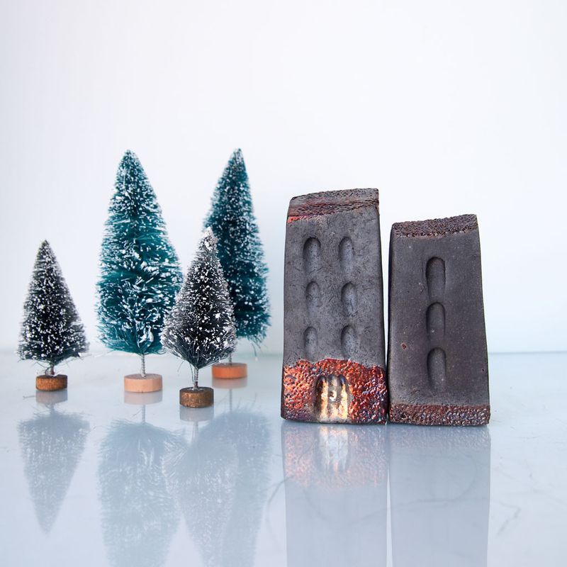 Black Ceramic raku art buildings with copper details
