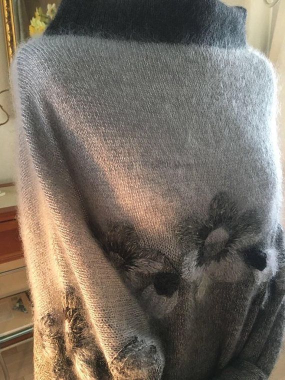 Oversized bohemian maxi sweater in gray and black with handmade floral embroidery