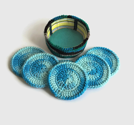 Blue Crochet Coaster Set with Holder