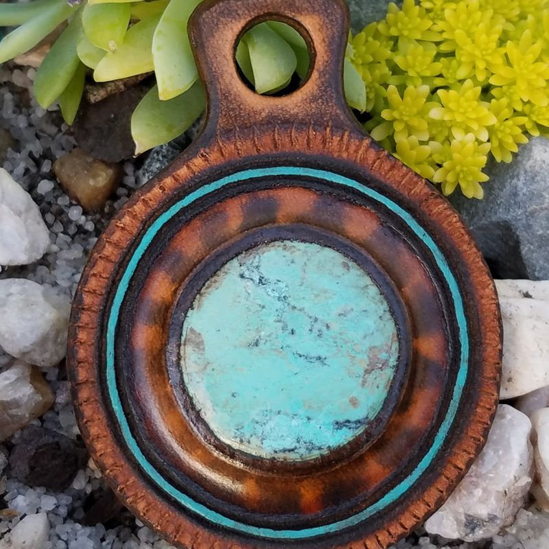 Handcrafted Leather Necklace with Handmade Chrysocolla Cabochon