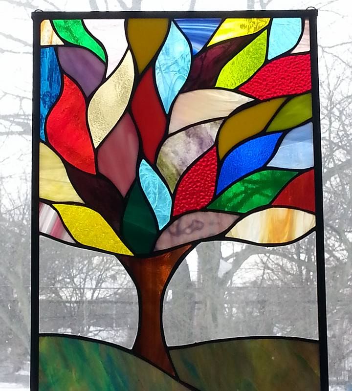 Stained glass Tree, leaded glass, window panel, art deco, studio 27 glass, hand crafted, USA
