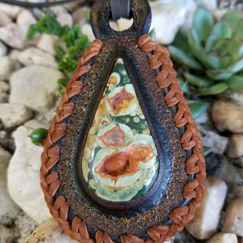 Handcrafted Leather Necklace with Unique Rainforest Jasper Cabochon