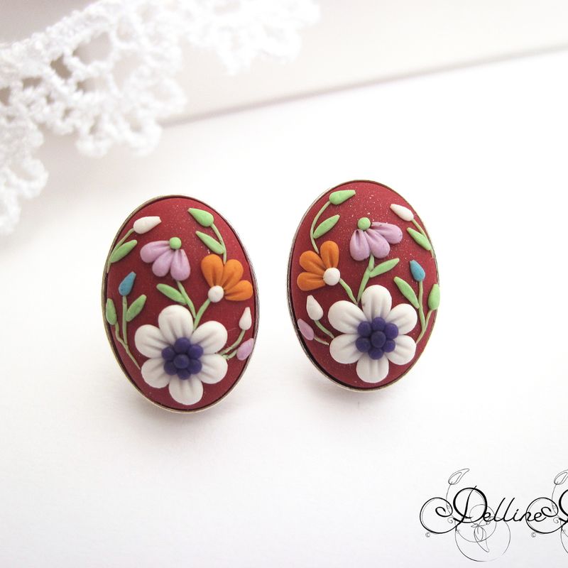 Midday * Unique Polymer Clay Earrings * Sterling Silver Stud Earrings * Floral Filigree Earrings * Spring Earrings * Applique * Red