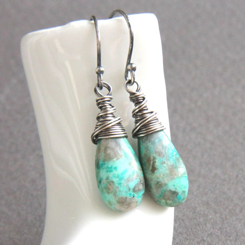 Chrysocolla Earrings Oxidized Silver Gemstone Jewelry Unique Gifts For Her Turquoise Teardrop Earrings
