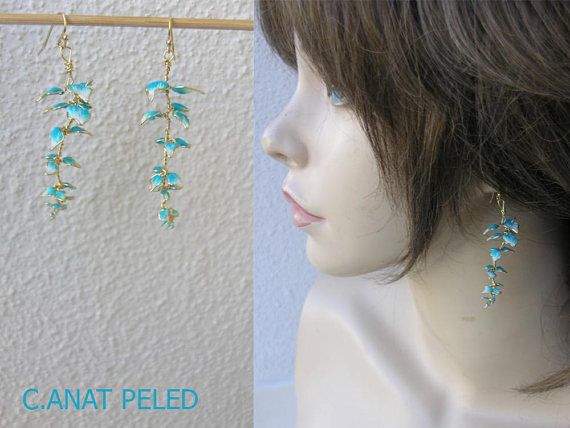 Turquoise long plant earrings, Leaf jewelry, Nature  inspired.