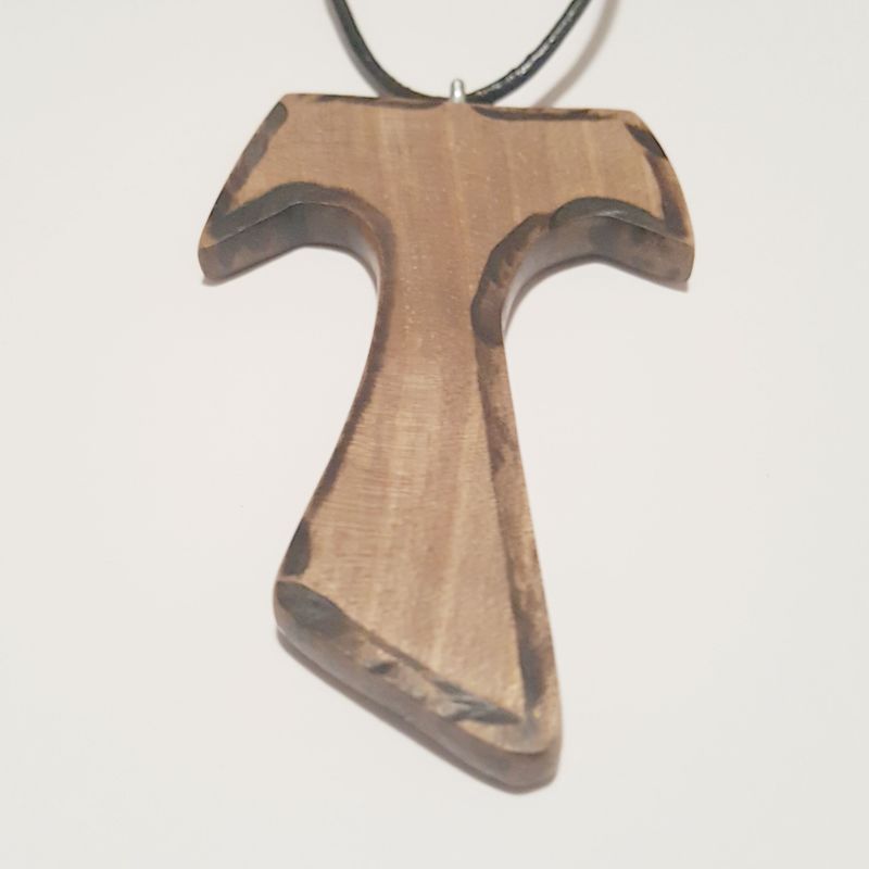 Tau cross necklace, walnut wood, burned edges, handmade, tau cross pendant on leather cord