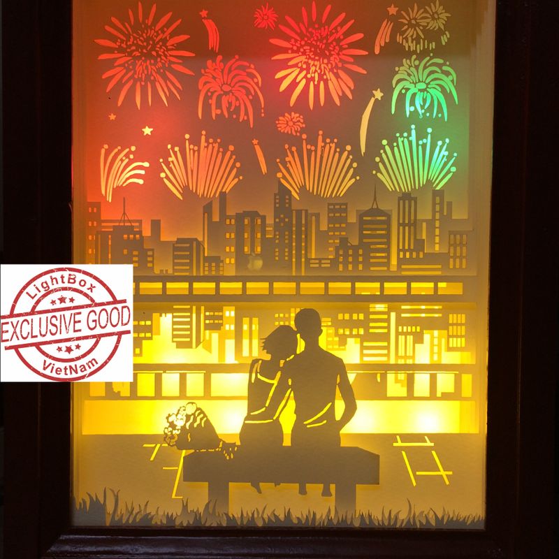 Paper cut light box Couple and Firework Shadow box DreamBox A Laser Cut ReproductionPaper cut Light Box