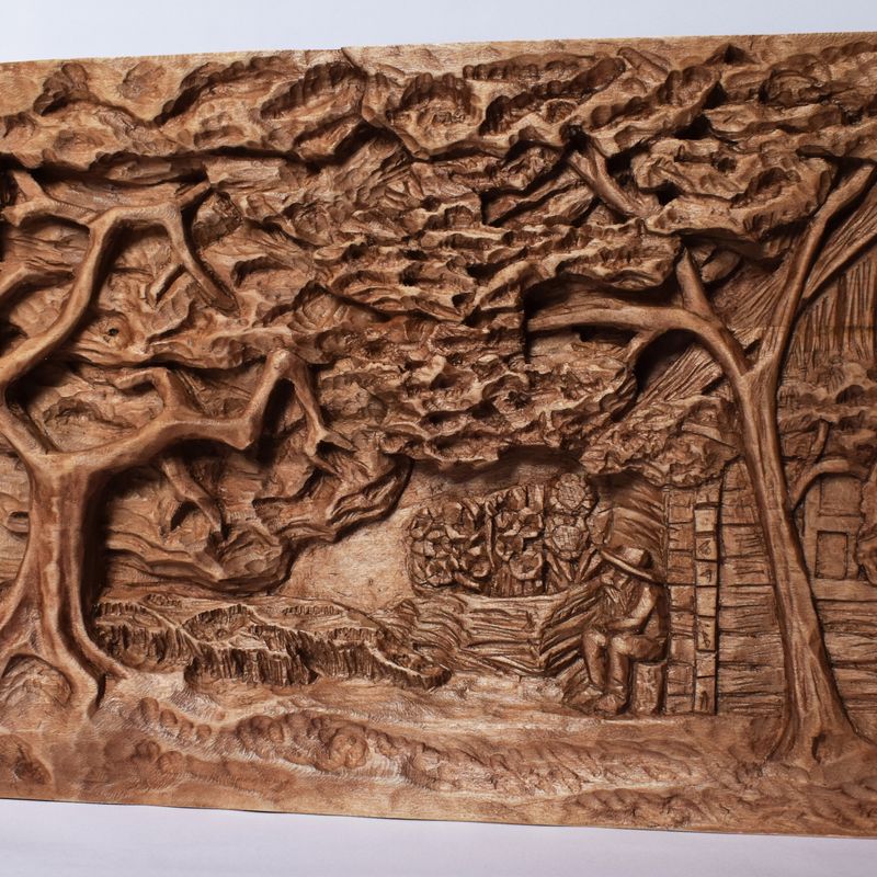 Orchard wood relief, handmade carving, basswood sculpture, mahogany/walnut