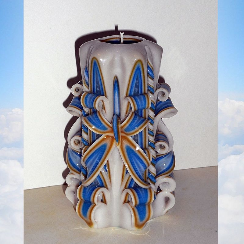 Blue Gold Candle - Unique handmade gift candle - Gift for friend - Hand Carved candles - 5 inch/ 12cm