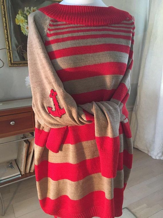 Red oversized striped maxi sweater in red and beige in marine style with anchor